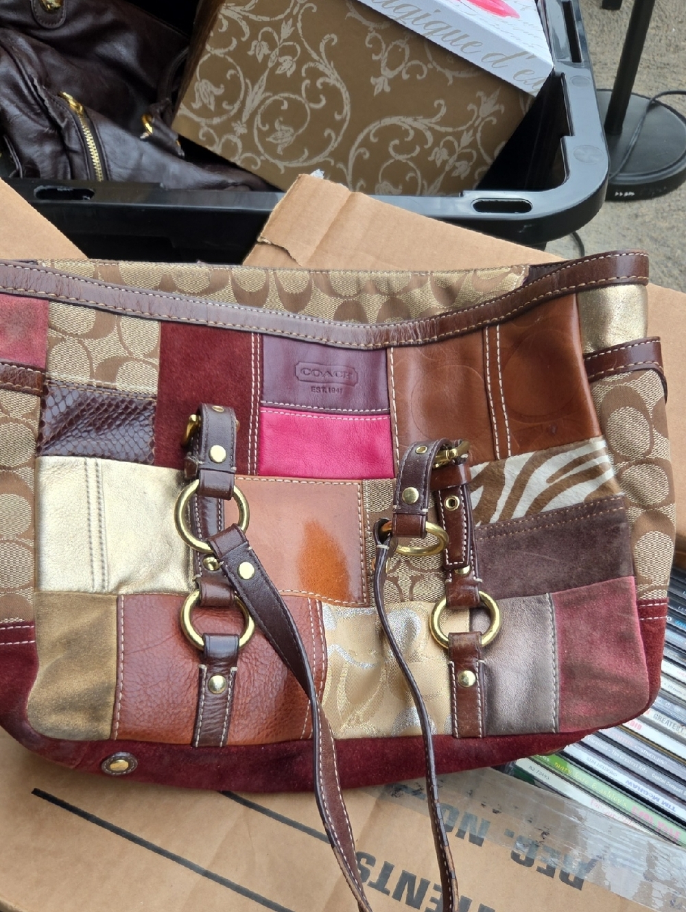 Coach Patchwork Leather Shoulder Bag in Brown, Tan, Cream and Red Accents